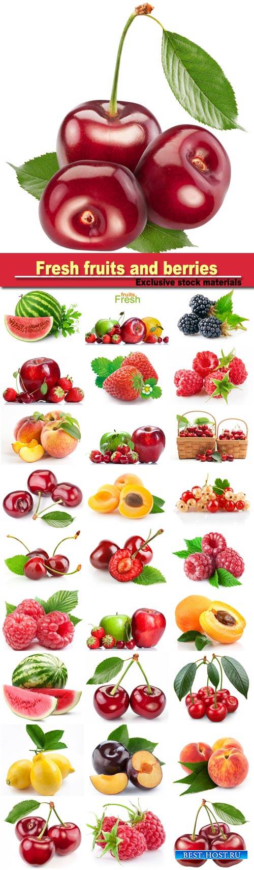 Fresh fruits and berries: raspberries, strawberries, peaches, apricots, cherries
