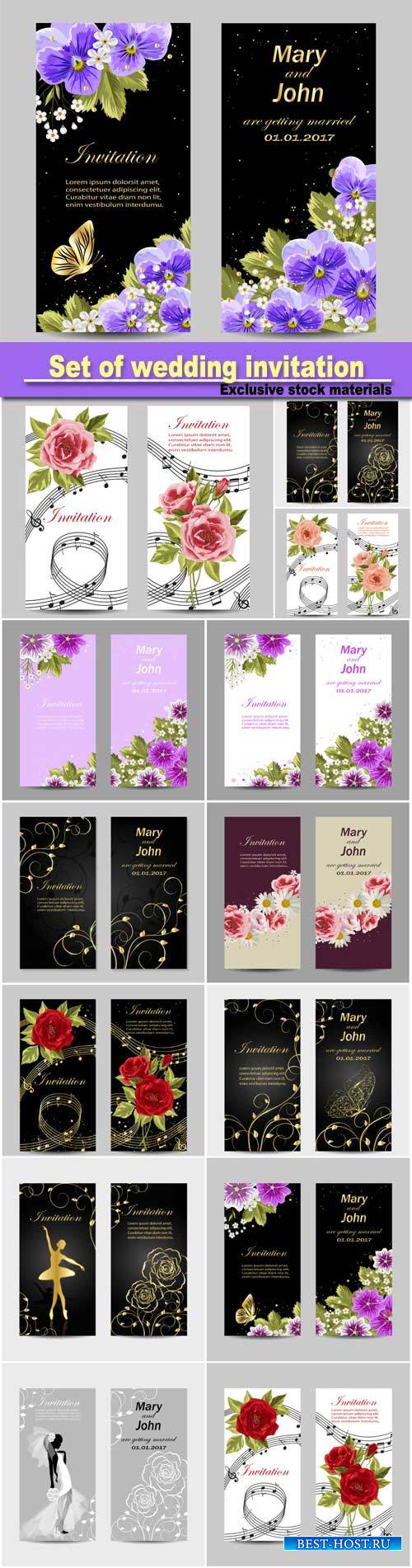 Set of wedding invitation cards design, beautiful flowers, vector illustration