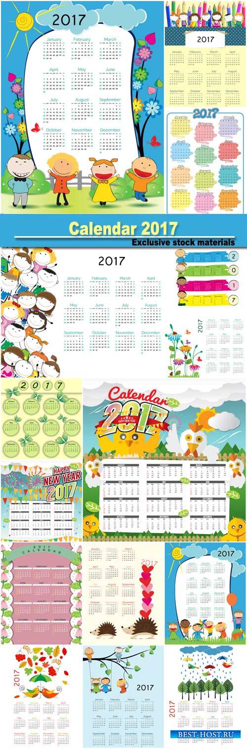 Calendar 2017, vector illustrations of children's