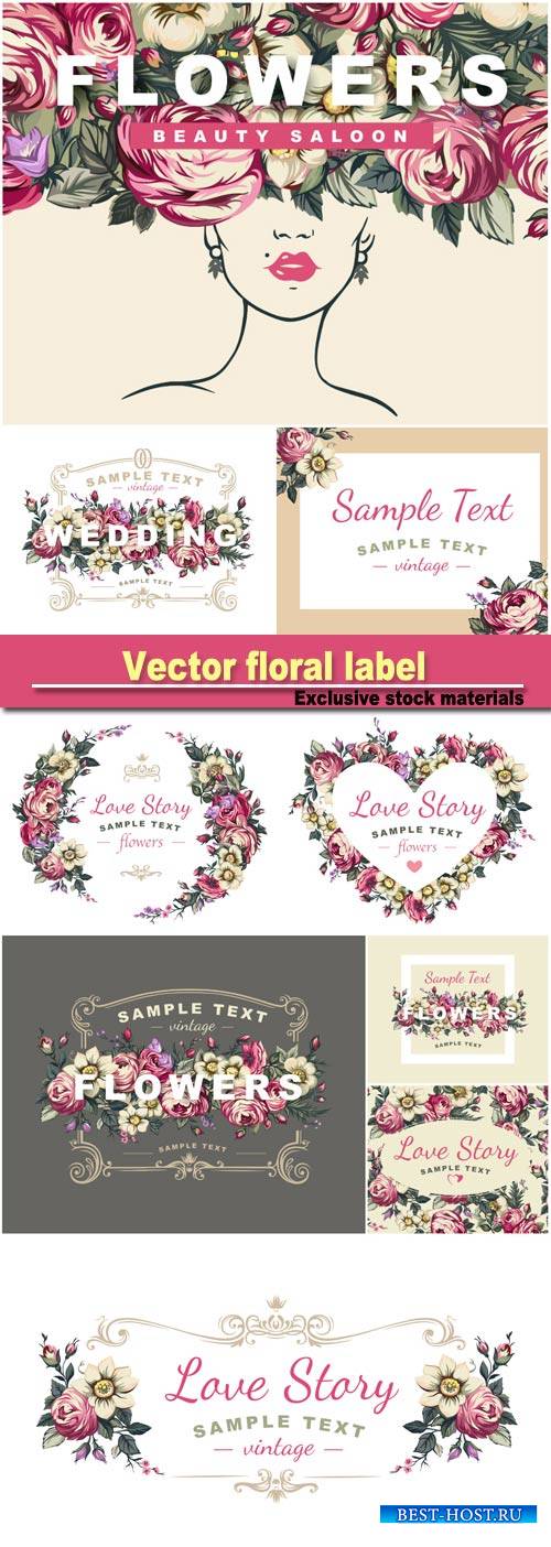 Vector floral label with a composed of detailed flowers illustrations