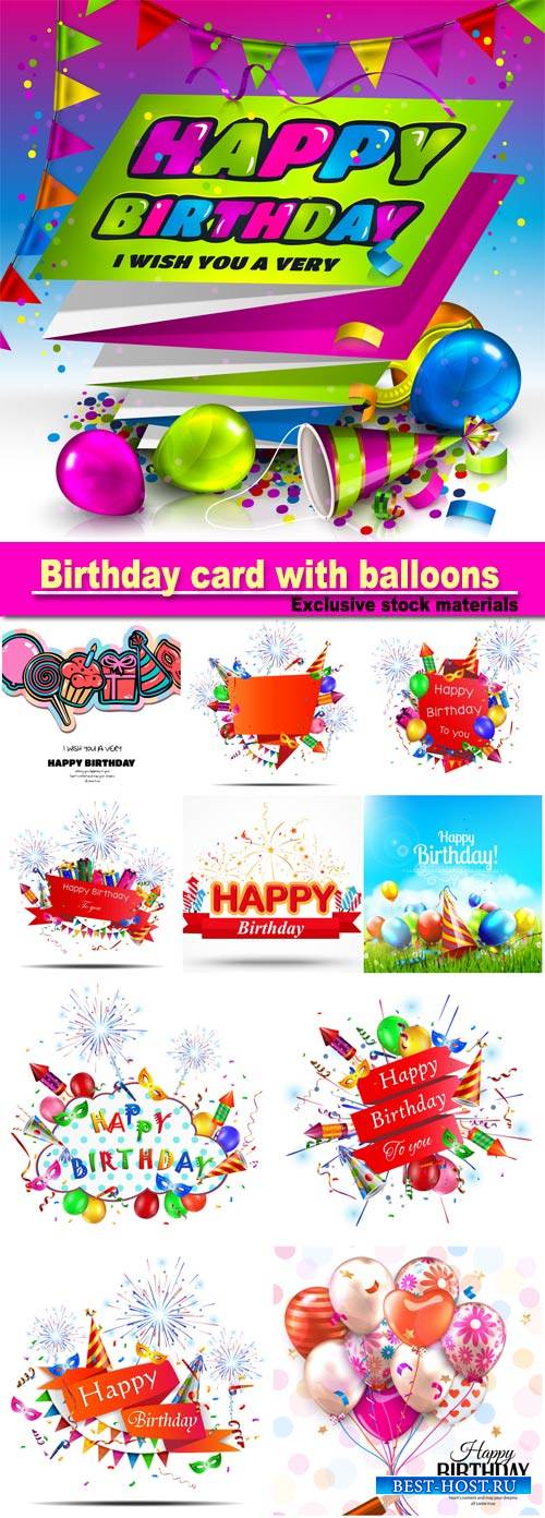 Birthday card with colorful balloons, confetti, stars, ribbon and bow on dotted background