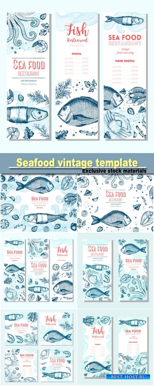 Seafood vintage design template, vertical banners set, fish and seafood restaurant menu