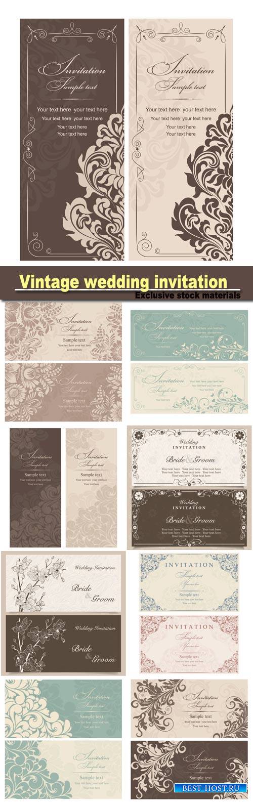 Vintage wedding invitation with floral design, vector illustration