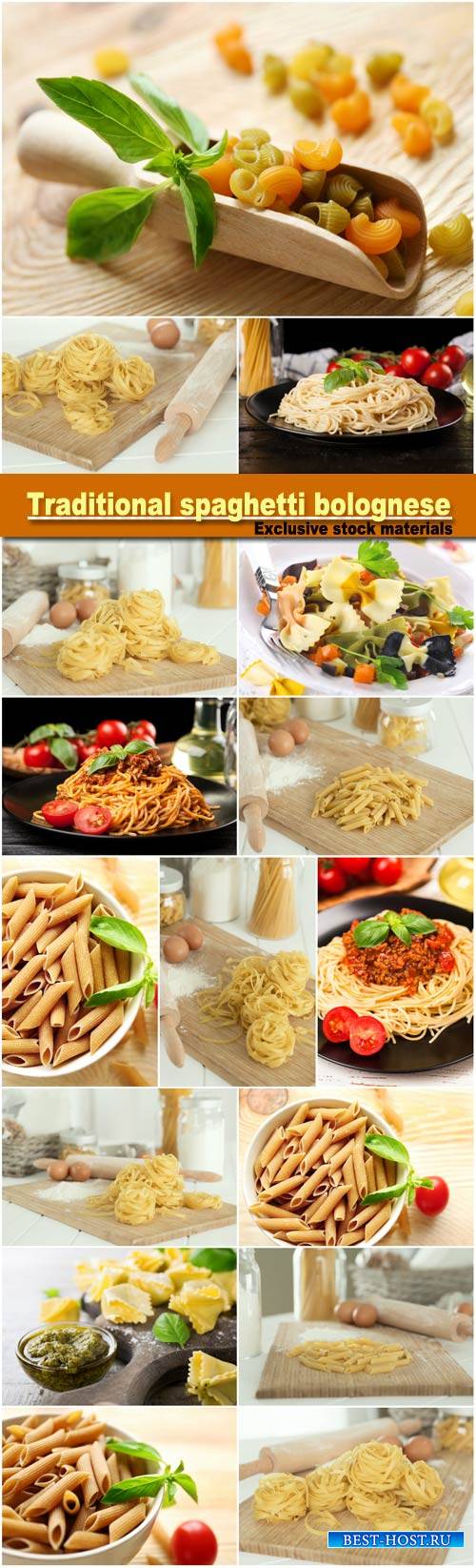 Traditional spaghetti bolognese, penne pasta in white bowl