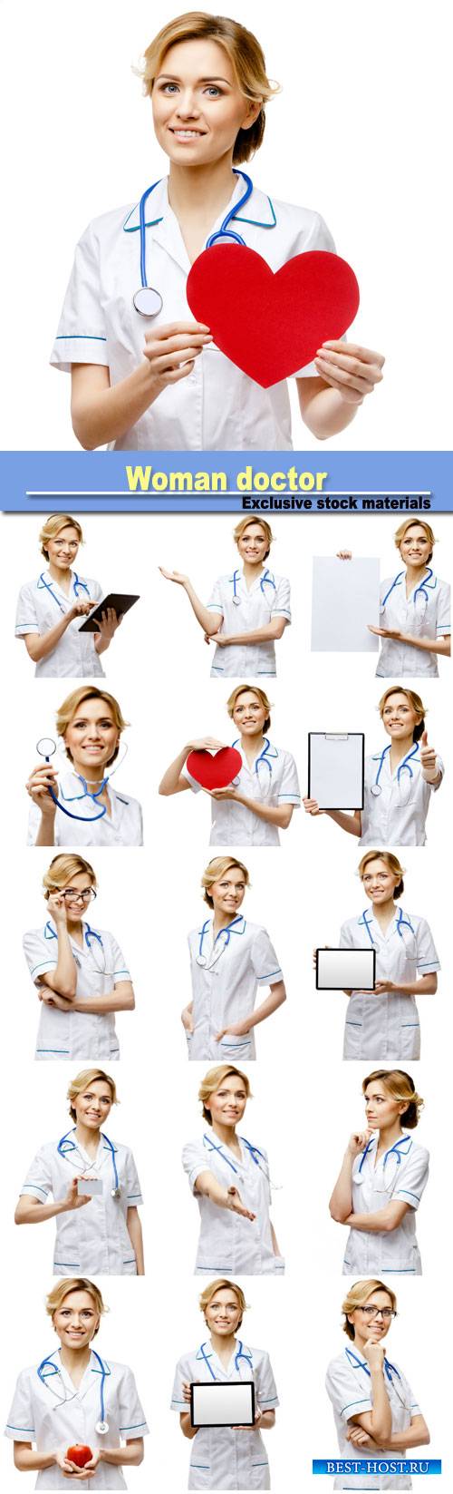 Woman doctor standing on white background