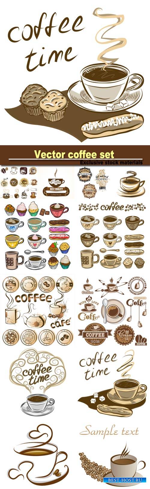 Hand drawn vector coffee set, coffee cups and cakes