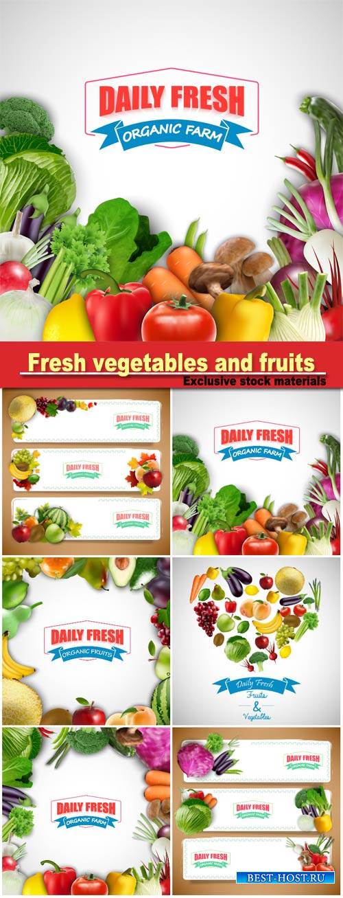 Fresh vegetables and fruits, backgrounds and banners vector