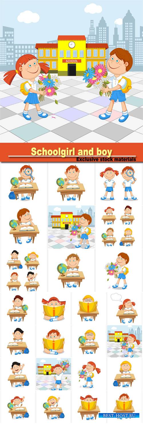 Schoolgirl and boy student with a bouquet in hand, go to school, vector illustration