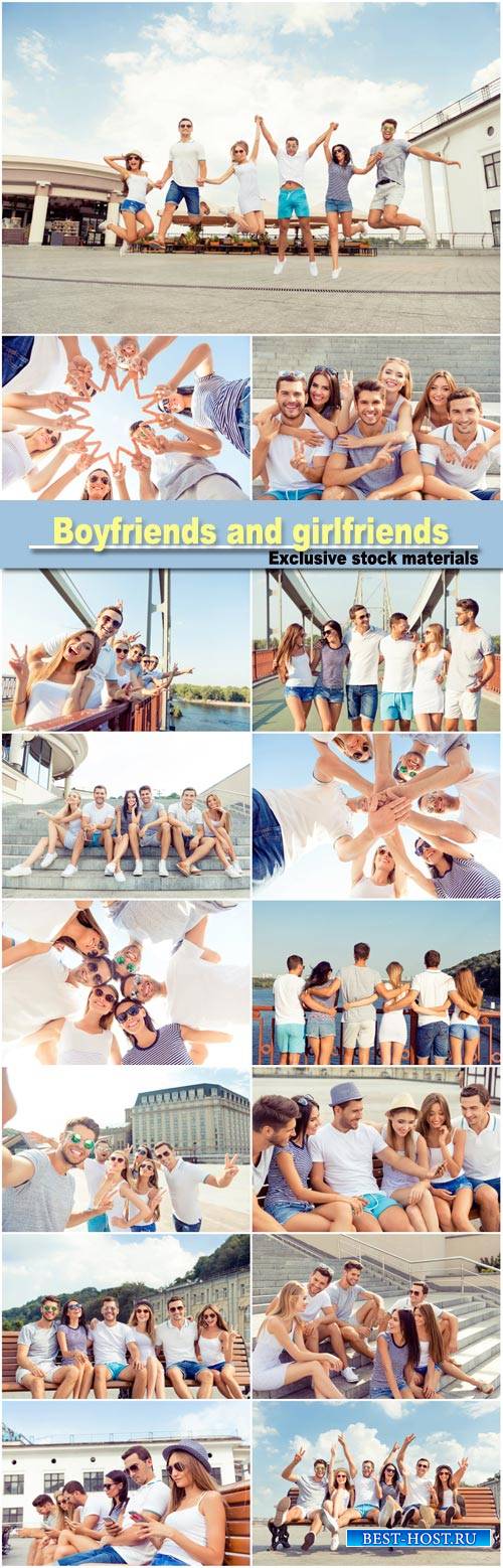 Group of diverse successful young  boyfriends and girlfriends having fun at ...