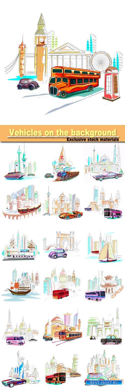 Vehicles on the background of the different countries of the world