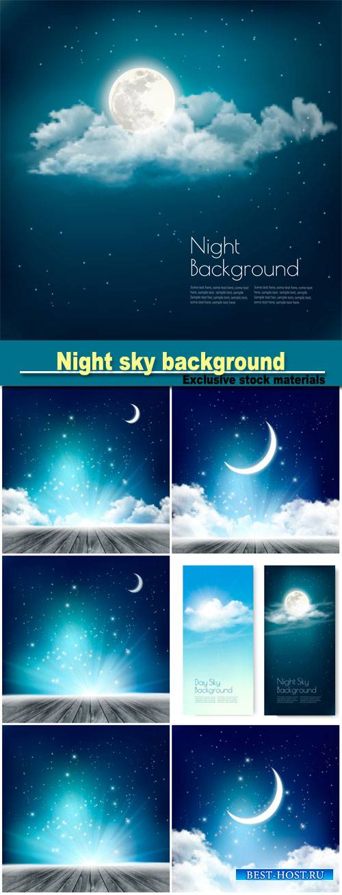 Night sky background with with crescent moon, clouds and stars