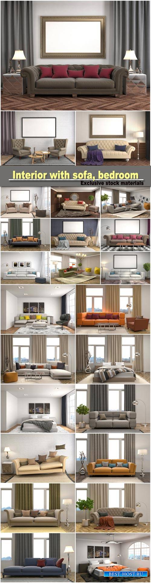 Interior with sofa, bedroom interior, 3d illustration