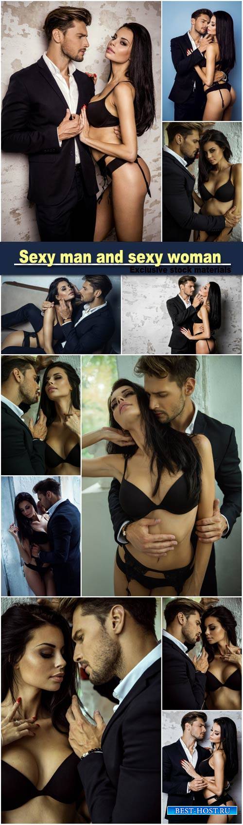 Portrait of sexy man in black suit touching sexy woman in lingerie