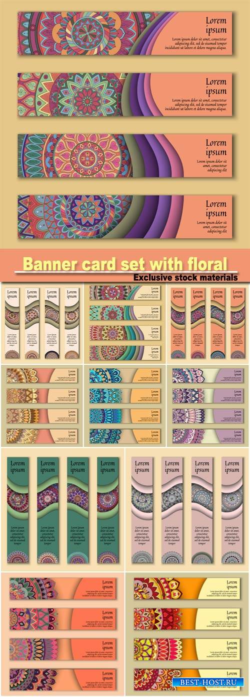 Banner card set with floral colorful decorative mandala elements background