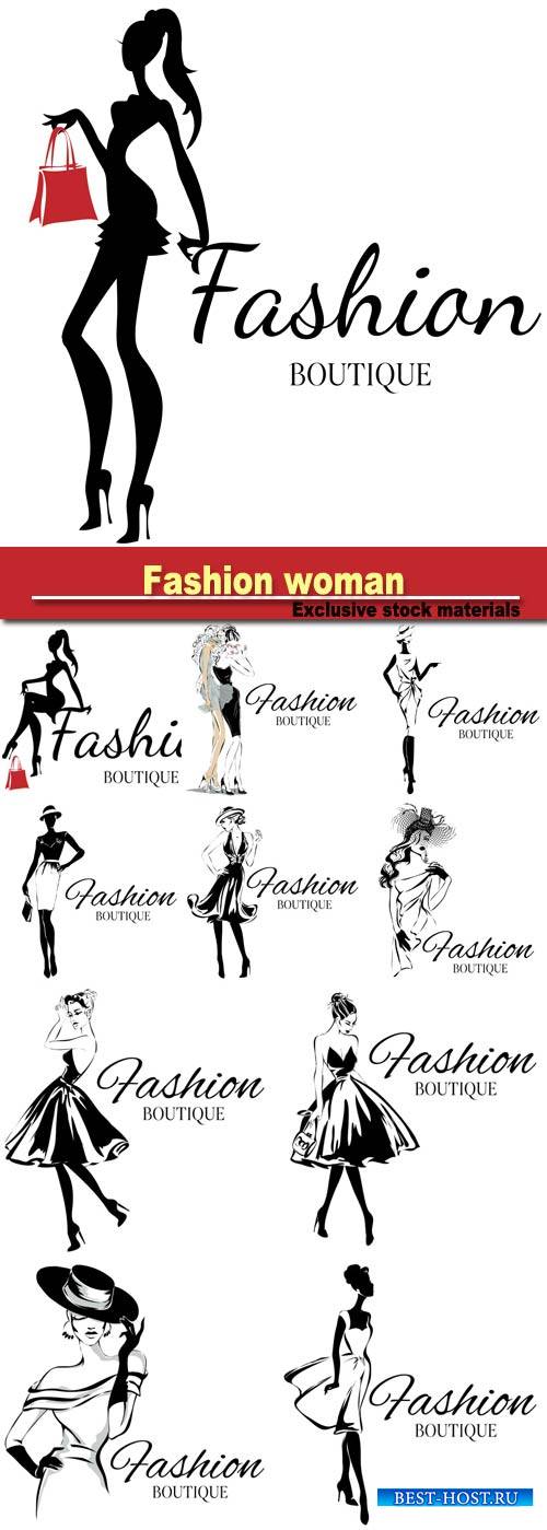 Fashion boutique logo with black and white woman silhouette, hand drawn vec ...