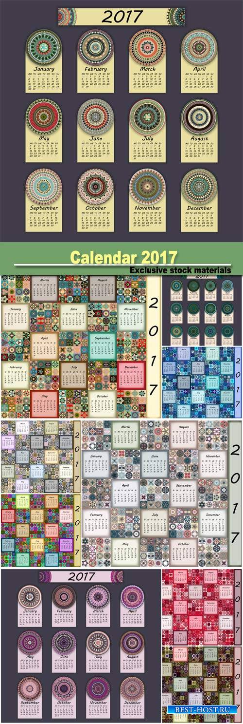 Calendar 2017, vintage decorative colorful elements, ornamental patchwork o ...