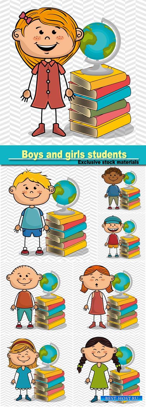 Boys and girls students with books and globe, vector illustration