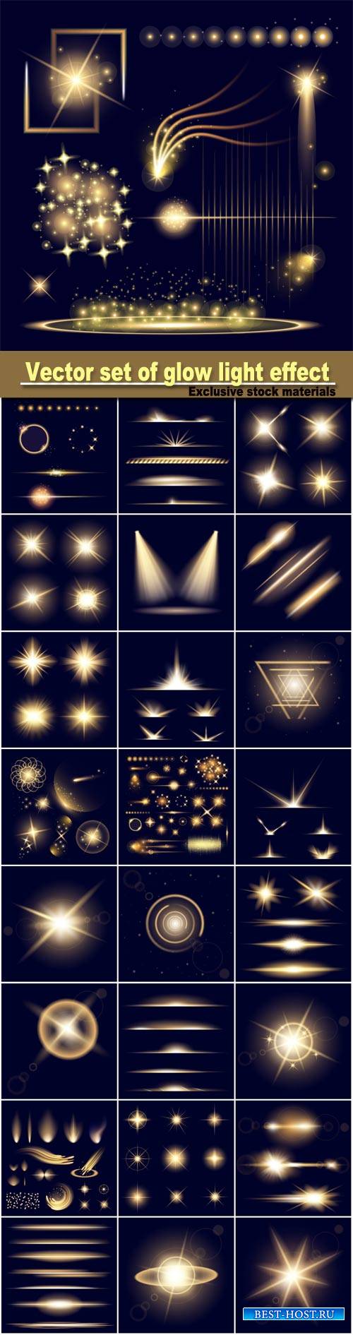 Vector set of glow light effect stars bursts with sparkles isolated on blac ...