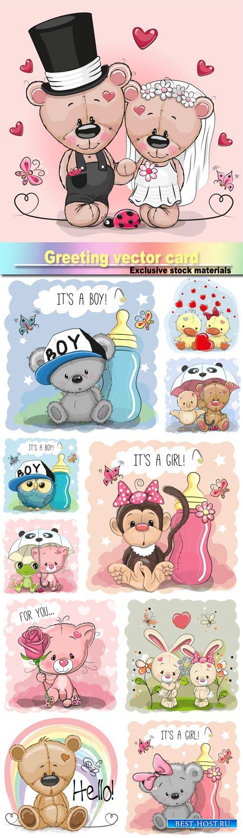 Greeting card cute, cartoon bear girl, monkey, teddy bride and teddy groom, rabbit boy and girl