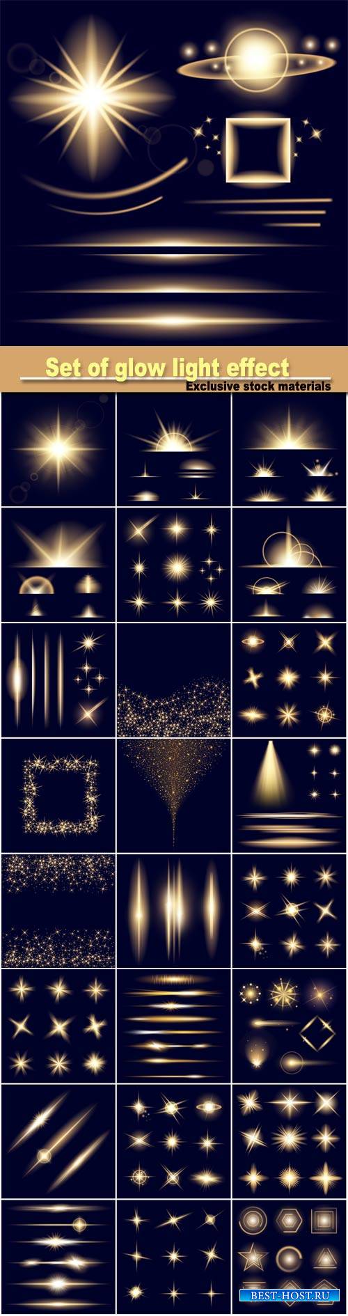 Vector set of glow light effect stars bursts with sparkles isolated on blac ...