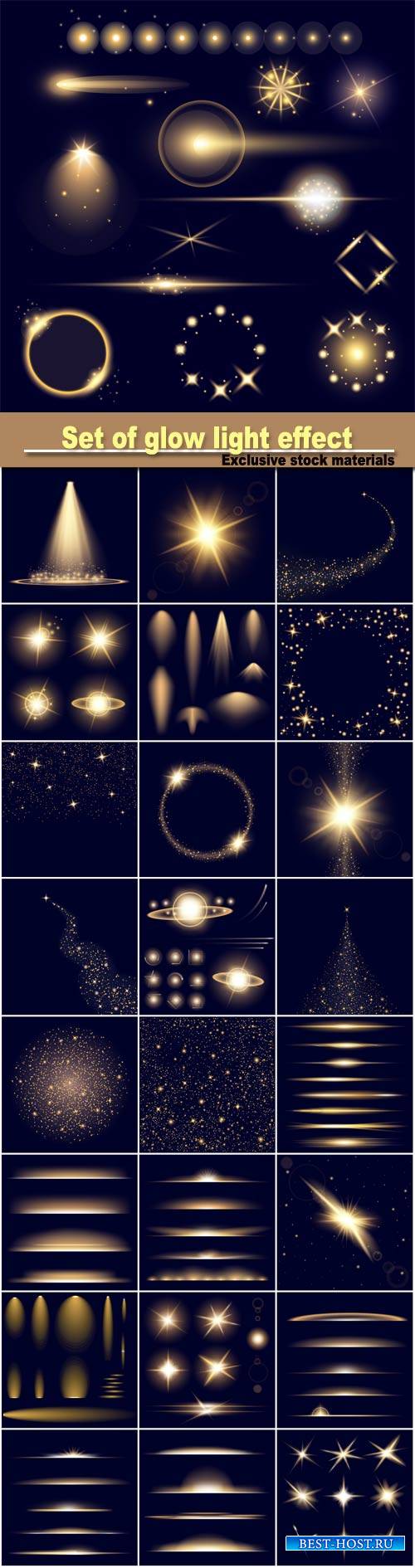 Vector set of glow light effect stars bursts with sparkles, for illustratio ...