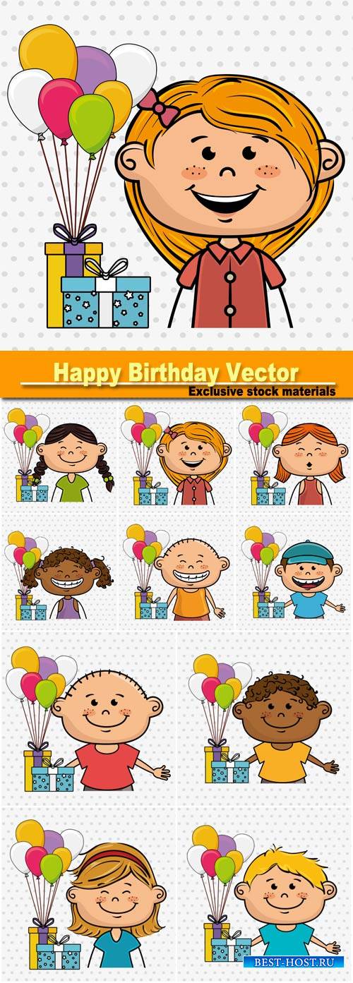 Happy Birthday, girl and boy balloons gifts party vector illustration graph ...
