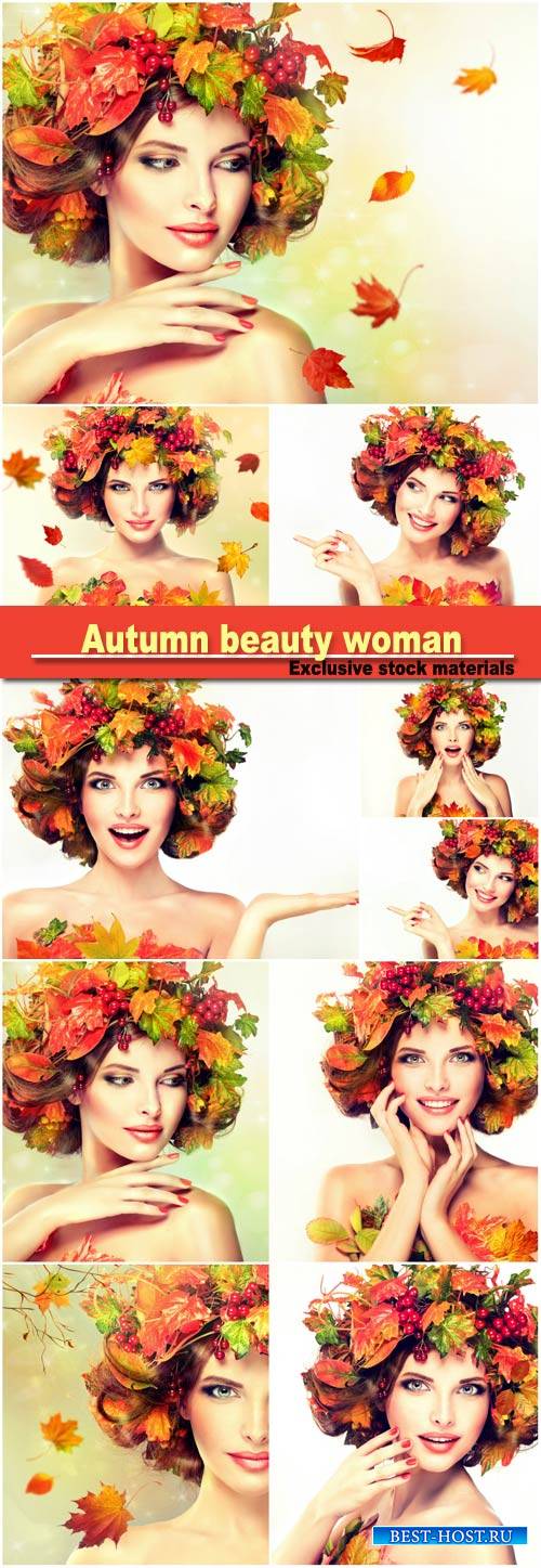 Autumn beauty woman fashion makeup with red and yellow autumn leaves