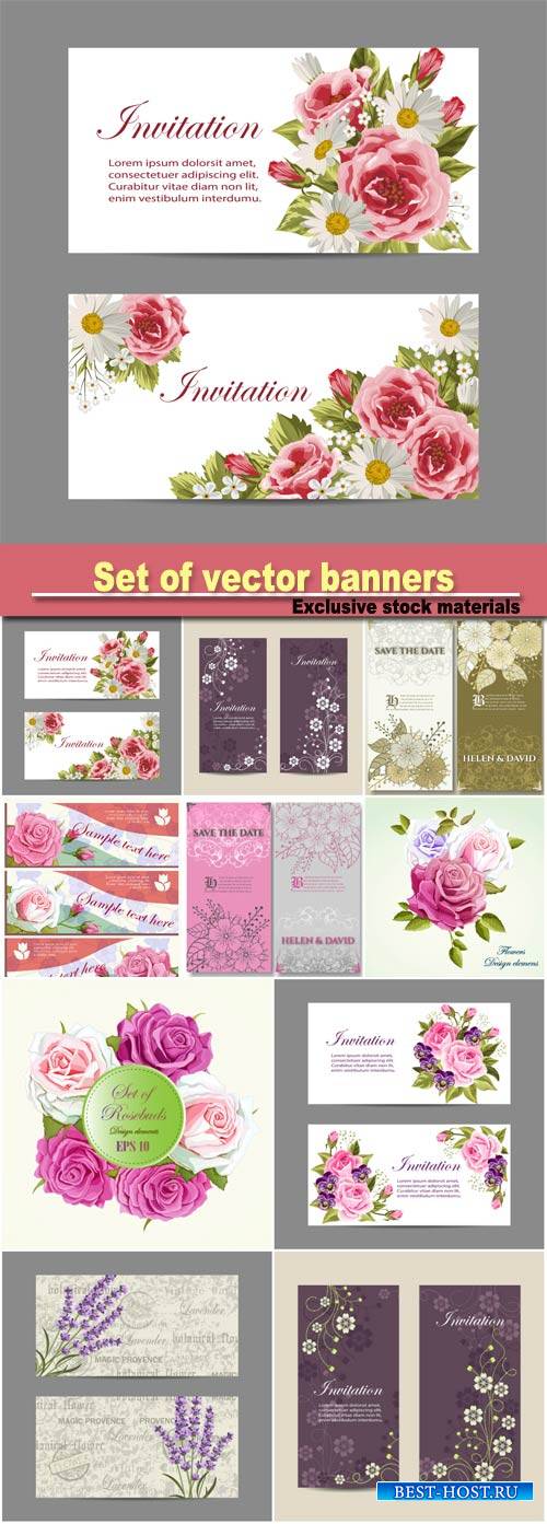 Set of vector banners, beautiful compositions with pink roses and lavender  ...