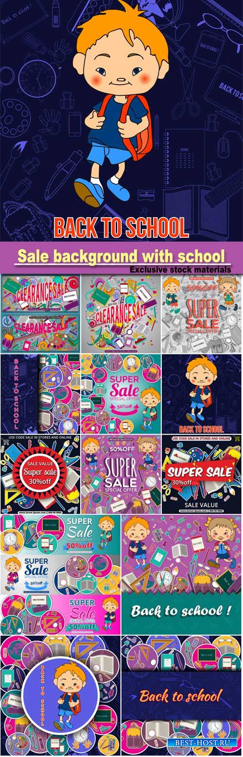 Sale background with school stationery icons, vector advertising banner tem ...