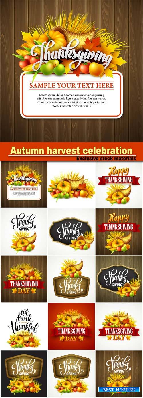 Thanksgiving cornucopia full of harvest fruits and vegetables, autumn harve ...