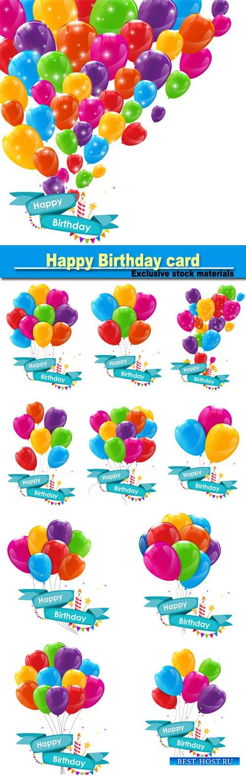 Happy Birthday card template with balloons, ribbon and candle