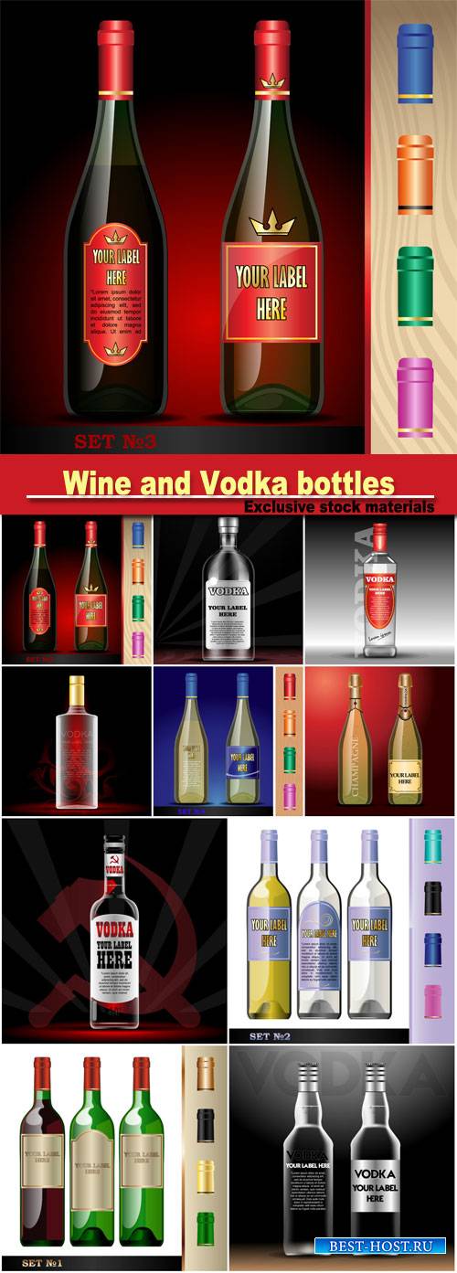 Vector wine bottles and vodka bottles mockup with your label here