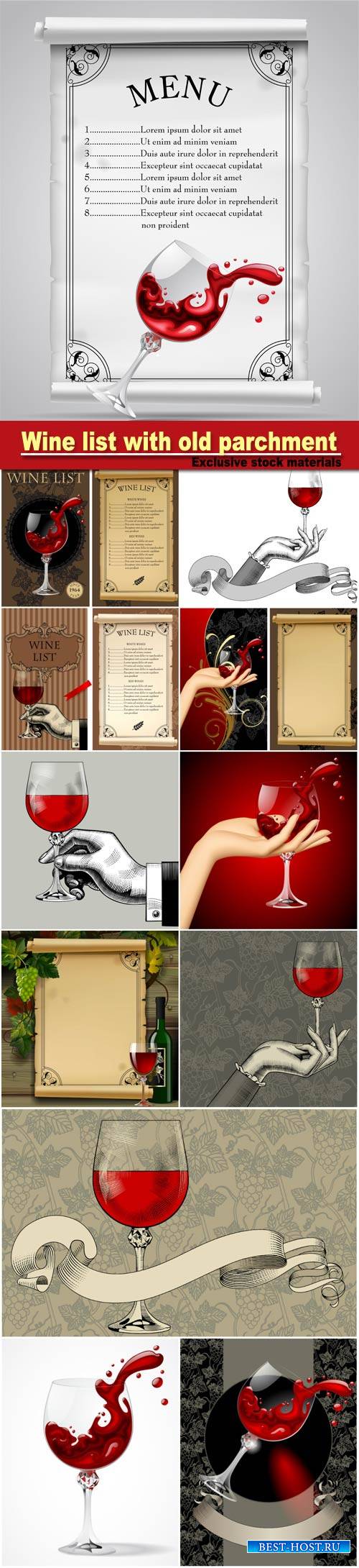 Wine list with old parchment, grapes, bottle and wineglass with splashed wi ...