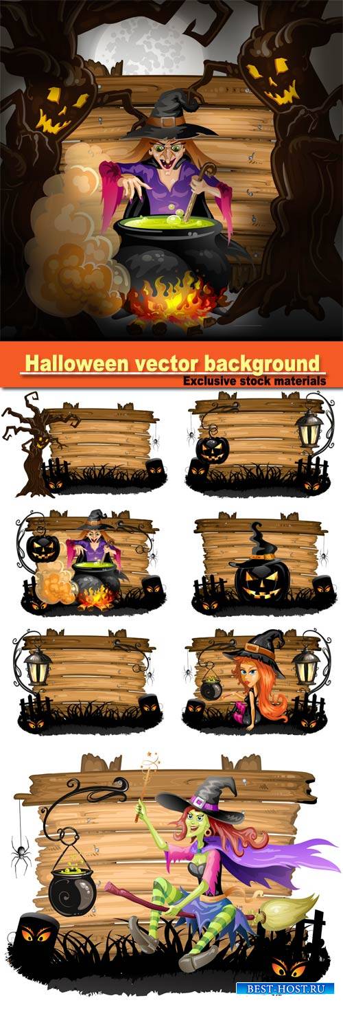 Halloween vector background, witch preparing a potion, Halloween pumpkin with cemetery over wood texture