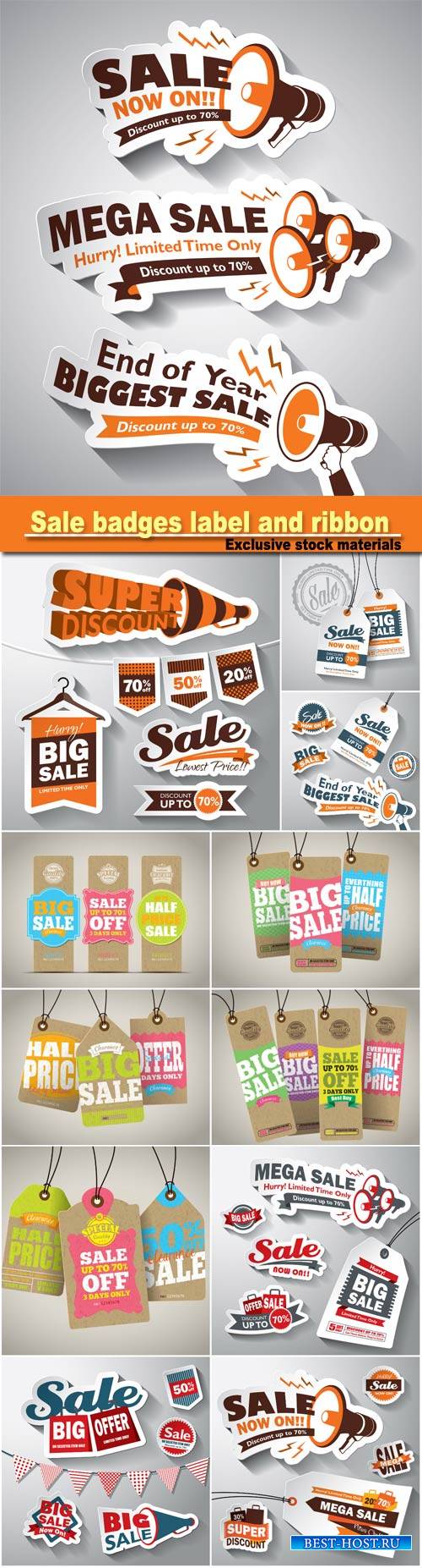 Set sale badges label and ribbon, vector tag illustration