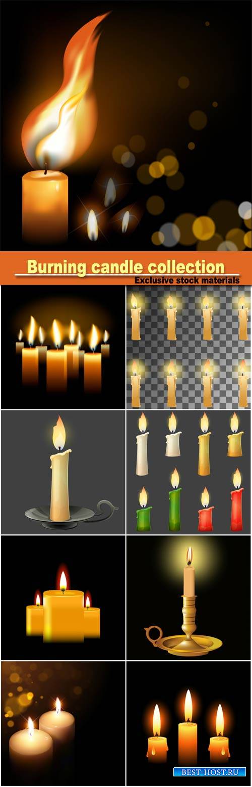Burning candle collection, different colors, vector illustration