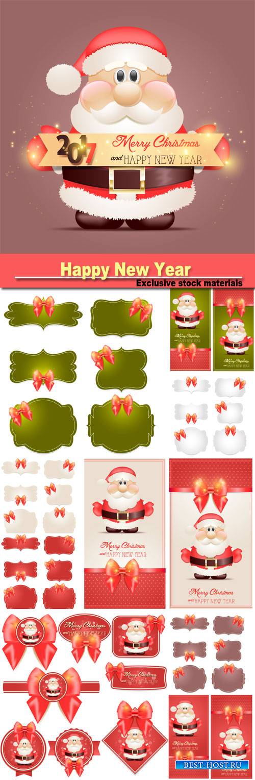 Happy New Year 2017 greeting card, vector labels with Santa