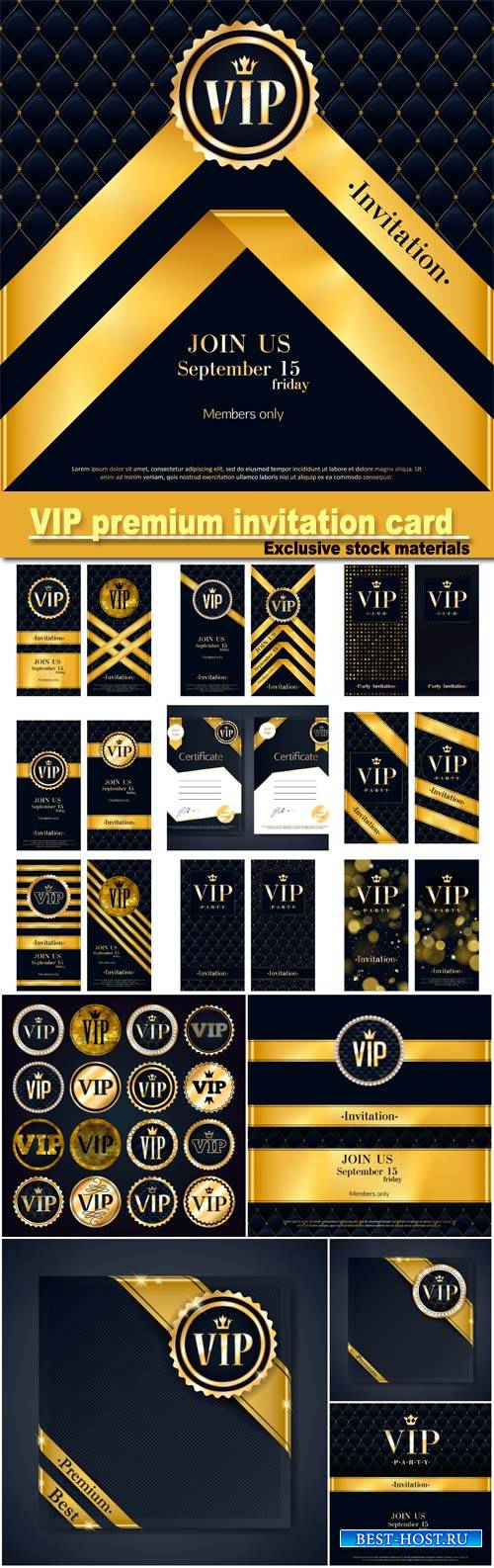 VIP party premium invitation card poster flyers set, black and golden design template, quilted pattern decorative background with gold ribbon and round badge