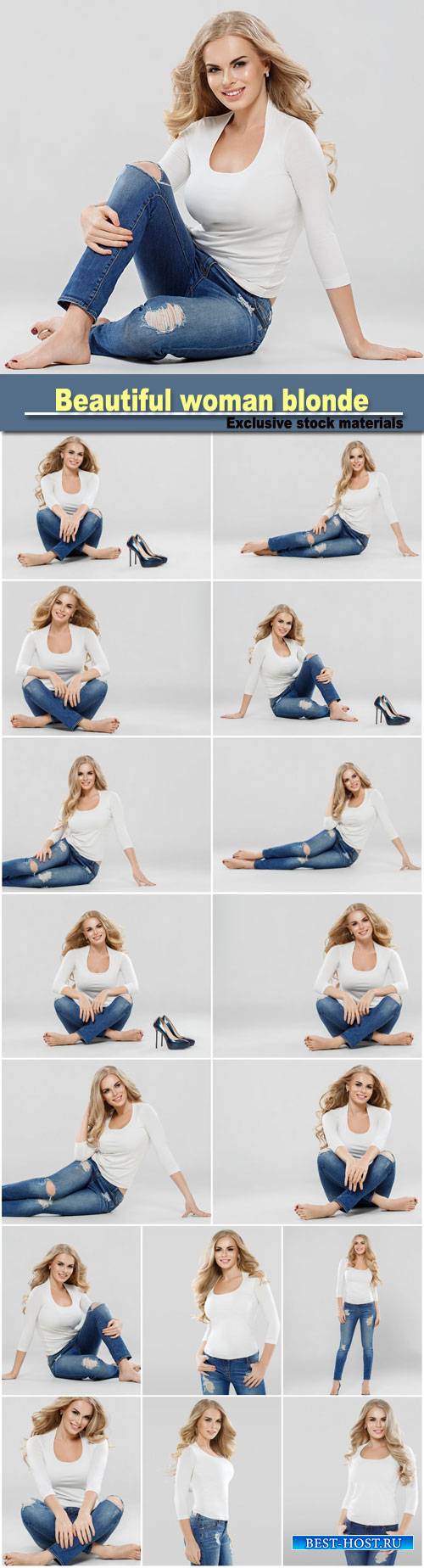 Beautiful woman blonde curly hair sexy portrait jeans fashion