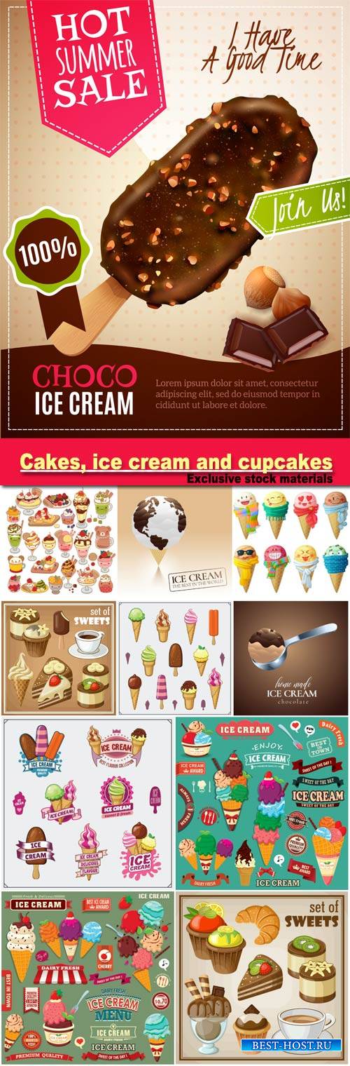 Vector set of sweets and cakes, ice cream and cupcakes