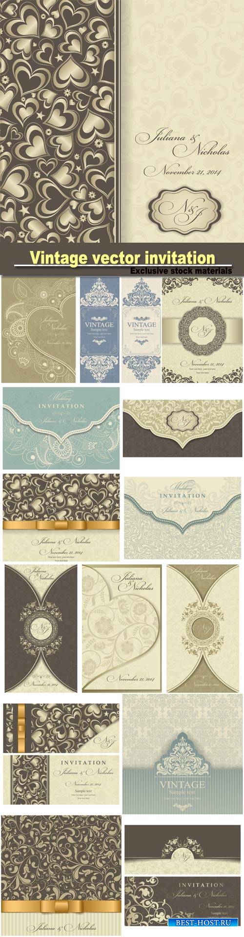 Vintage vector invitation with patterns, envelopes