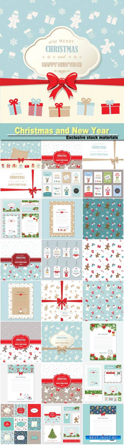 Cute Christmas and New Year card templates set with glitter