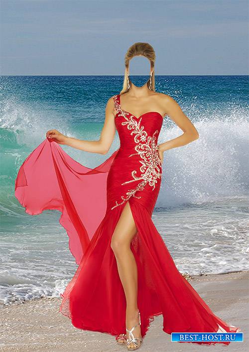 Женский фотошаблон - В красном платье на фоне морской волны