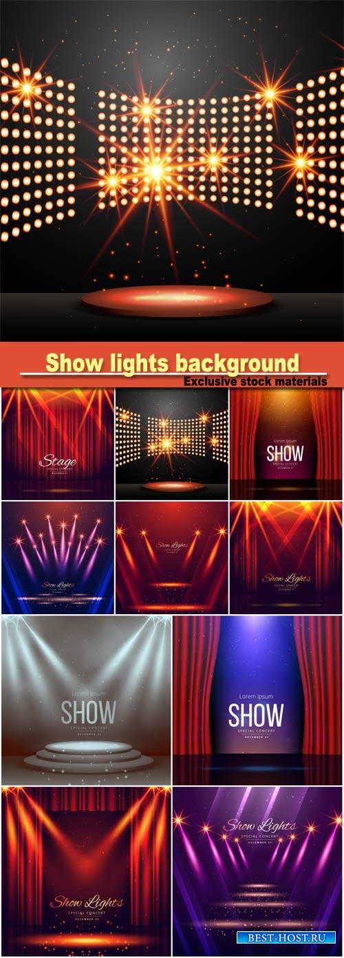 Podium with lights and shining stars, show lights enterance background