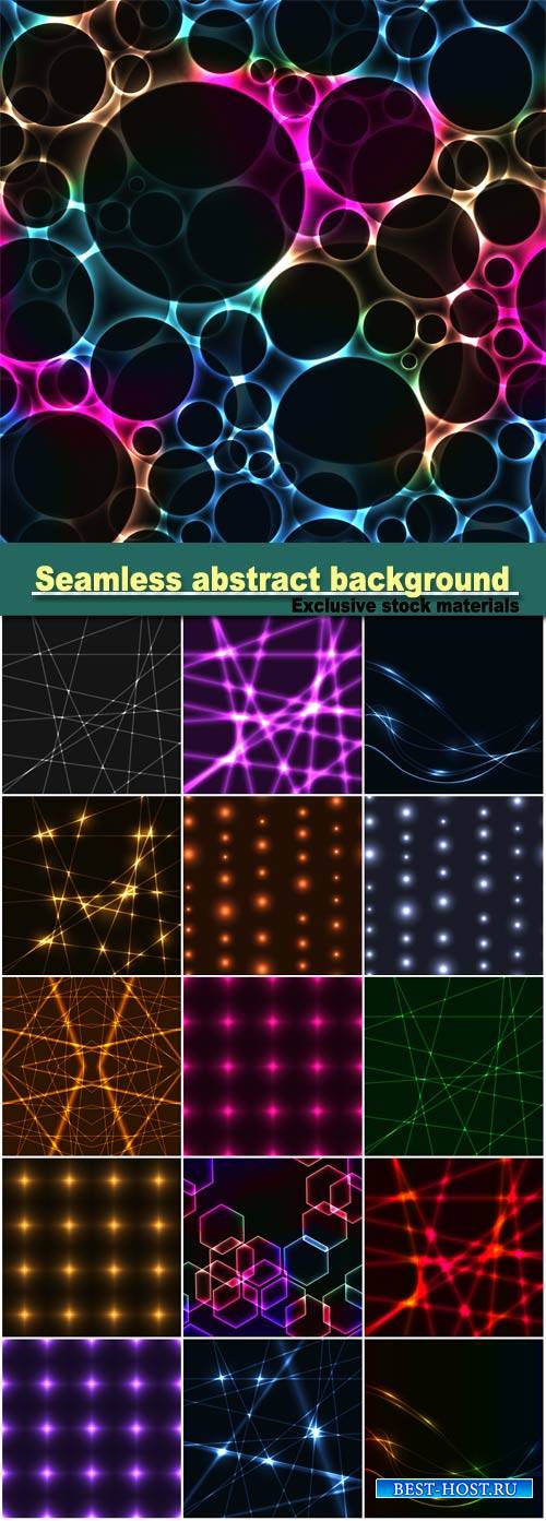 Seamless abstract background from gold Laser beams, colorful spectrum hexagons outlines, laser rays