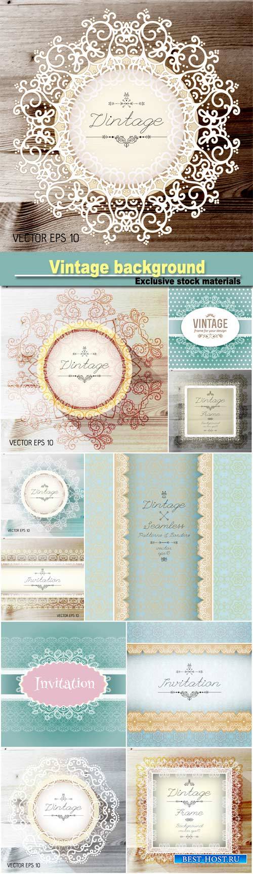 Vintage seamless background and border, invitation with lace, vector