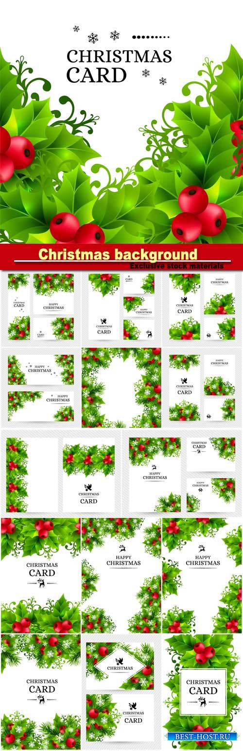 Christmas background with fir branches, holly leaves, red holly berries and glowing snowflakes, winter holiday poster with decorations and greeting text