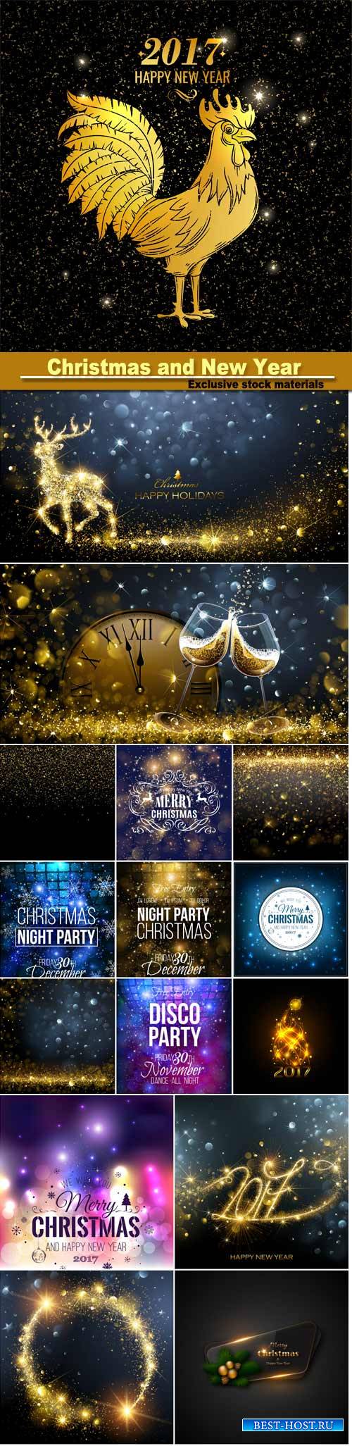 Christmas and New Year background with snowflakes, light, stars, vector illustration