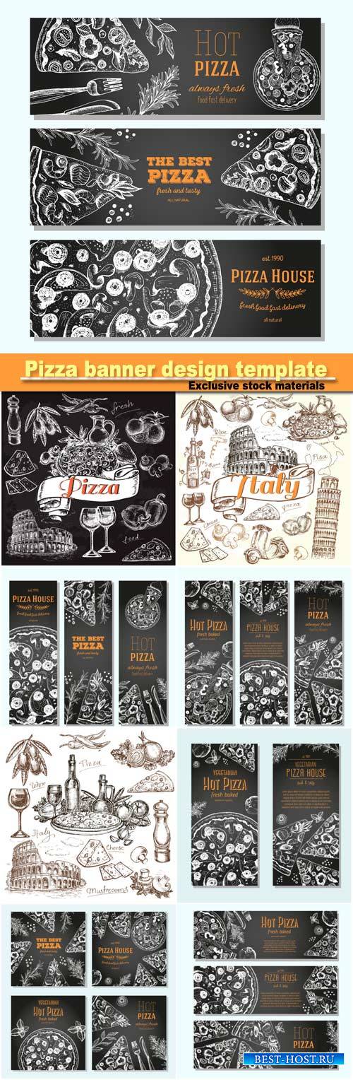Pizza banner design template, flyer design collection, drawn vector illustration set