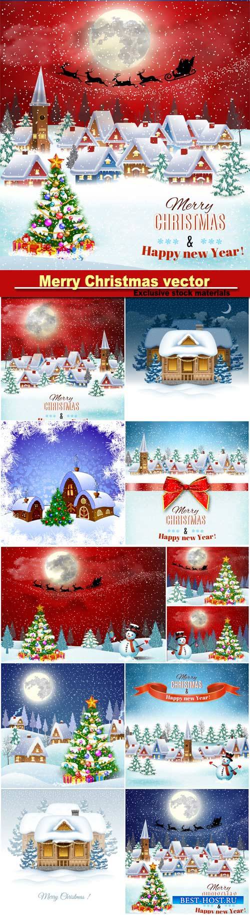 Christmas backgrounds in vector winter landscape with village houses and sn ...